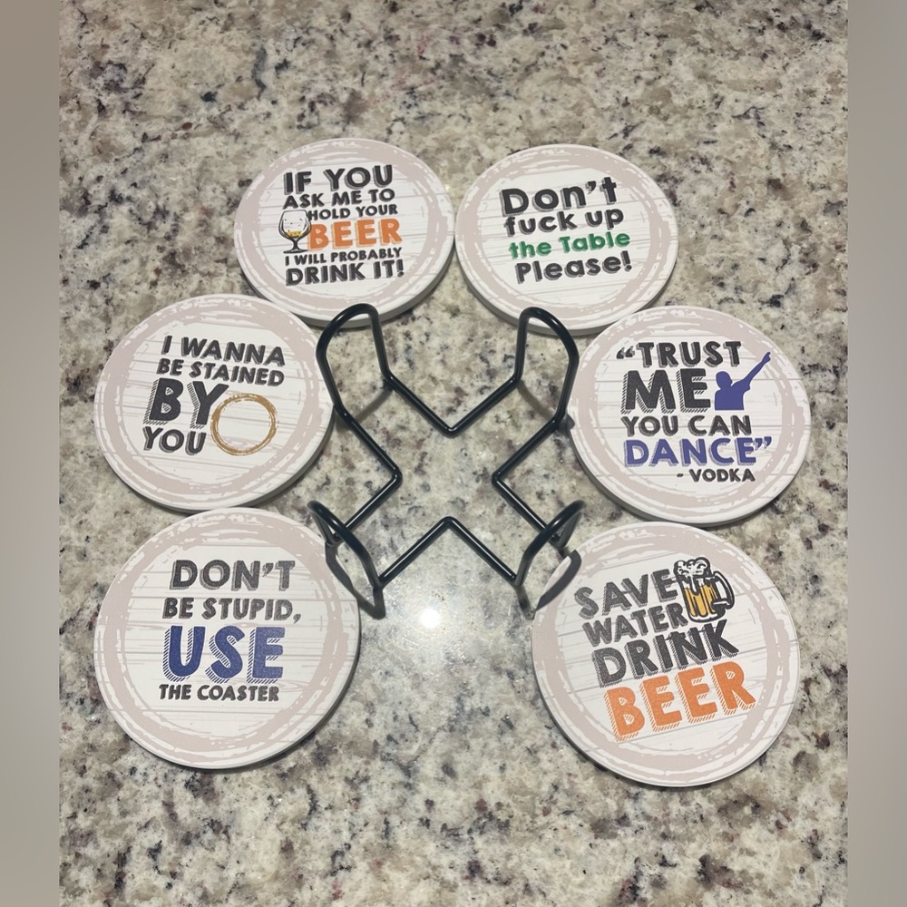 Funny Saying Coasters Set of 6 With Holder